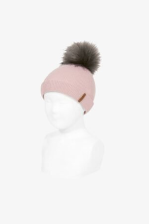 Double Loop Ribbed Hat and Synthetic Fur Tassel