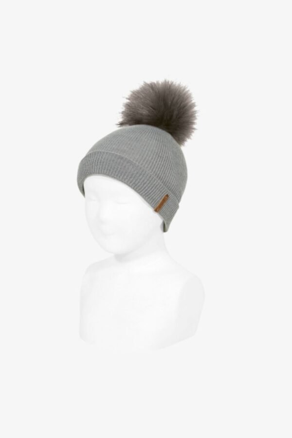 Double Loop Ribbed Hat and Synthetic Fur Tassel - Image 2